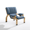 Supercomfort armchair in rich blue leather with a natural oak base, reflecting Joe Colombo’s mid century modern aesthetic.