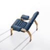 Top down view of the B Line Supercomfort armchair in blue leather with a natural oak frame, showing the plush seat and sculptural form.